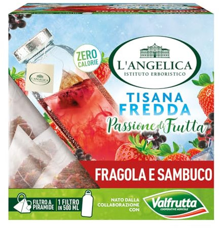 L'Angelica Tisane Valfrutta con Filtro a Piramide, 1 Astuccio da 10 filtri di Tisane a Freddo Fragola e Sambuco, Infuso a Freddo con Gusto Fruttato, Dissetanti e Ottimali Contro il Gonfiore