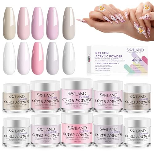 Saviland Plus Keratin Acrylic Powder Set: 10 Colors, Glossy Finish, Pink (various shades), DIY Nail Art, No UV Lamp Needed