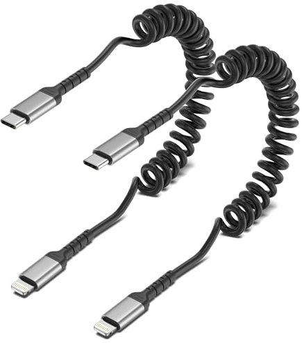 Coiled USB C to Lightning Cable [MFi Certified], 2 Pack Apple Carplay Fast Charging Type C to Lightning Cable Short iPhone Cord for iPhone 14 13 12 11 Pro Max X XS 8 7 6 Plus - Black