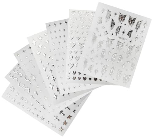 Aikeis 7 Blatt Spiegel-Metallic-Silber-Nagelkunstaufkleber für Frauen, 3D-Starburst, Liebesherz, selbstklebender Nagelschmuck, Nagelaufkleber, Y2k-Schmetterlings-Nagelaufkleber