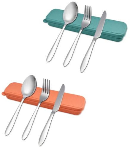 6 Stück Camping Besteck Set mit 2 Koffer, Edelstahl Utensil Prtable Besteck Reisebesteck, Silberwaren Gabel Löffel Messer Set Wiederverwendbares für Picknick Lunch Box Schule Büro Outdoor(Grün+Orange)
