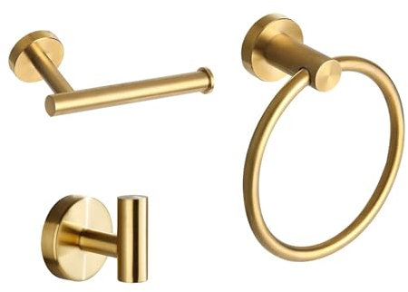 Hand Towel Holder Wall Mounted - Gold Towel Rail + Toilet Roll Holder + Towel Hook For Bathrooms 3 Set 090309