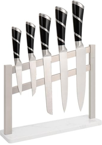 HarJue Magnetic Knife Block with Marble Base, Stainless Steel Magnetic Knife Holder Stand without Knives Powerful Magnetic knife Strip for kitchen Countertop Knife Storage (Brushed Nickel)