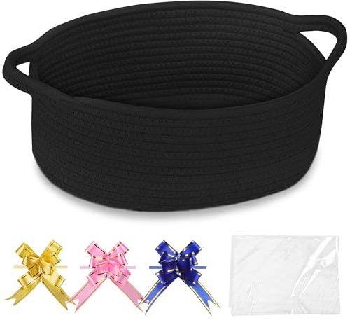 COMSE Small Woven Basket with Gift Bags and Ribbons, Gift Basket Empty, Nursery Organisers Storage for Baby Toy, Cotton Rope, 30.5 x 20 x 13 CM, Black