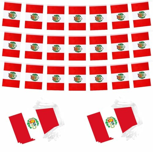 2 paquetes de 60 banderas de Perú de 60 pies con cuerda de banderas peruanas pequeñas para decoraciones colgantes, 60 banderas (Perú)