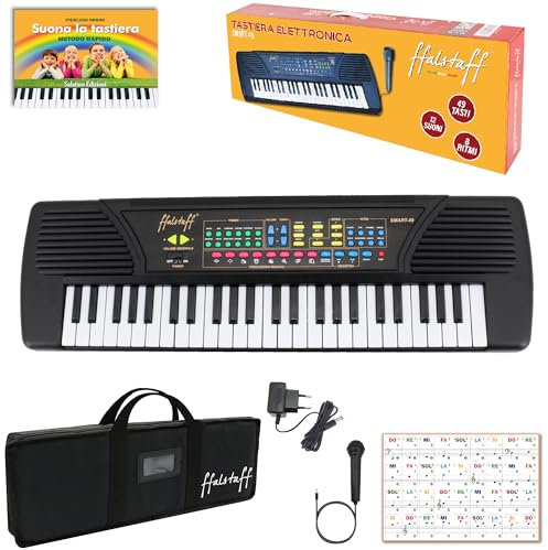 ffalstaff SMART-49 Tastiera Elettronica 49 Tasti per uso Ludico con Borsa, Adesivi con Notazione Italiana, Microfono, Alimentatore di rete e E-book Suona la Tastiera (Italian Design)
