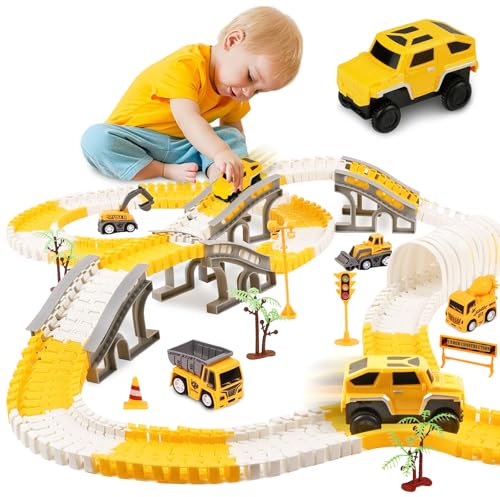 HOTUT Autorennbahn für Kinder, 305 Stück Flexible Rennbahn Spielzeug, Spielzeugautos Autobahn mit Bagger, Walze, Elektroauto und EIN Flexibles DIY-Autorennbahn Spielset ab 3 4 5 6 Jahre Junge Mädchen