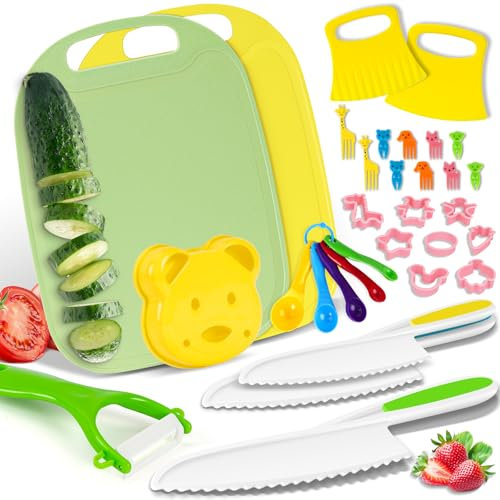 Cheffun Cuchillos Cocina para Niños, 33 Piezas Utensilios de Cocina Montessori Niños con Pelador, Tabla de Cortar y Moldes, Regalo Educativo para Aprender a Cortar Frutas y Verduras con Seguridad