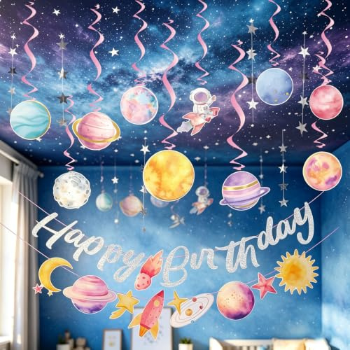 EASY JOY Weltraum Deko Happy Birthday Girlande 3D Papierdekoration Planet Spiralen Space Sonnensystem Astronauten Deko für Weltraum Kindergeburtstag Jungen und Mädchen Kinderzimmer Deko
