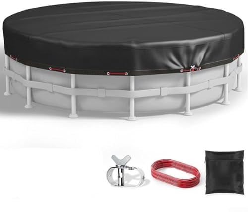 Runde Poolabdeckung, strapazierfähig, für oberirdische Pools, mit Spanner und Befestigungsschnur, wasserdicht und staubdicht, schwarz, 4,6 m