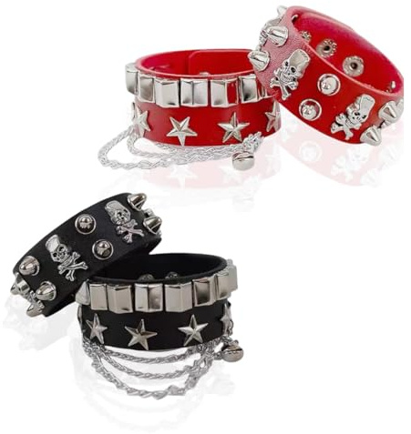 WIRZUL 4 Stück Unisex Punk Besetztes Armband Nietenarmband Punk Rock Armbänder Gothic Nieten Armband Manschette Verstellbare Armreif für Halloween Weihnachten Kostümparty Konzert (Schwarz + Rot)
