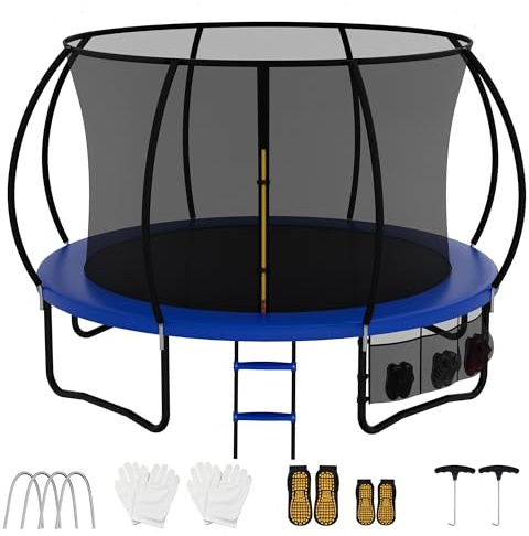 AWEV Outdoor Trampoline 7.5ft/10ft/12ft/14ft, Gs Certified Round Trampoline | Safety Enclosure Net, Non-Slip Ladder & Shoes Organiser, Family Time, Exercise & Gaming for Kids & Adults in Graden or Indoor