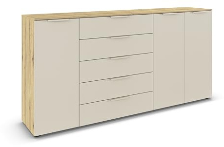 Rauch Möbel Flipp, Kommode, Farbe Beige/Eiche Artisan, Breite 199 cm | Sideboard, 3-türig, 5 Schubladen, Soft-Close-Funktion, für Schlafzimmer, Gästezimmer, Wohnzimmer, Garderobe, Flur