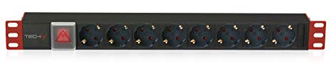 Techly Professional 100488 Mehrfachsteckdose mit 8 Steckplätzen, 19 Zoll (39 cm), mit Schalter Schuko-Stecker, abgewinkelt, 1U, Schwarz/Rot