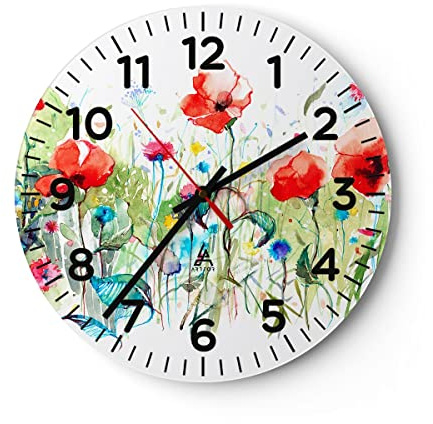 ARTTOR Moderne Glasuhr 40x40cm Rund Wanduhr Botanik Blumen - 3076 | Wiese Blatt Glas Analog Zimmeruhr Wanduhr Lautlos Wanddekoration Wohnzimmer Büro Küche Wanddeko Küchenuhr Geräuschlos ARTTOR