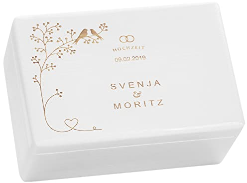 LAUBLUST Personalisierte Hochzeitskiste Erinnerung - Geschenkkiste Hochzeit mit Gravur - Vogel-Pärchen | Personalisierte Geschenke für Brautpaar - FSC® (Weiß ohne Verschluss, ca. 30 x 20 x 14 cm | M)