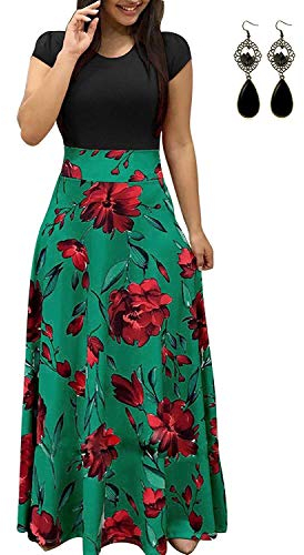UUAISSO Donna Vestiti Eleganti Lunghi Floreale Casuale Abito Maxi Manica Corta Abiti Vestito da Cocktail Banchetto Sera E-Verde L