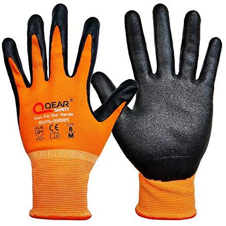 3 Pairs Nitrile Rubber Palm Coated Safety Work Gloves, Fine Knitted Bright Orange Color Liner, Oil/Greasy Resistance Palm, Multi-Purpose Wse, Mechanic Work, DIY, Construction, Gardening (8/M)