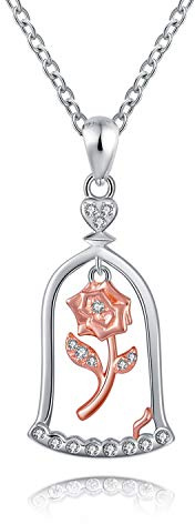 JXJL Halskette mit Rosen-Anhänger, Sterlingsilber, Herz, romantische Schönheit und Biest, Prinzessin, Muttertag, Valentinstag, Weihnachten, Geburtstag, Geschenk, Schmuck für Frauen