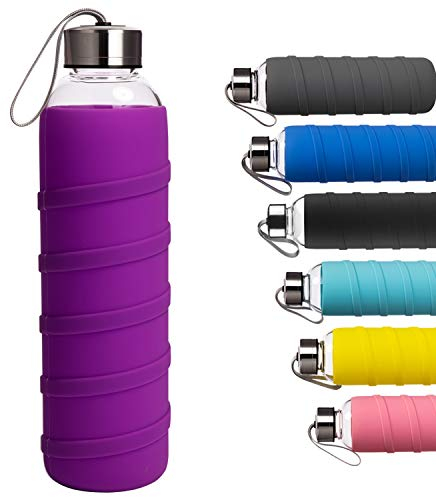 Ferexer Botella de Agua de Cristal Borosilicato con Funda de Silicona Sin BPA 1000 ml Violeta