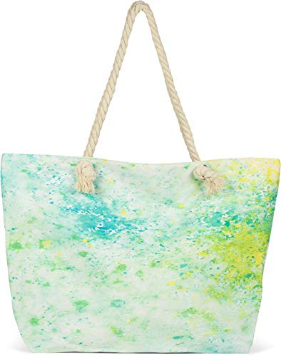 styleBREAKER XXL Strandtasche mit Pouring Flecken Print in Grün Türkis | Damen Shopper mit Reißverschluss und Kordelhenkel | Große Badetasche 56 x 38 x 17 cm, Farbe:Grün-Gelb-Blau