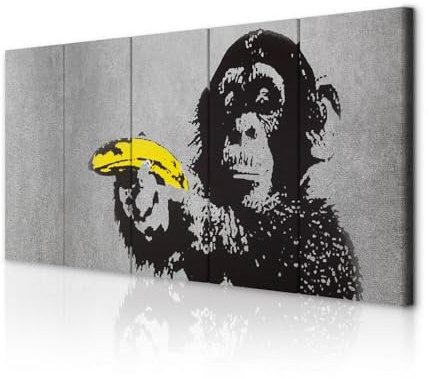 decomonkey Wandbilder Banksy Affe 100x40 cm XXL 5 Teilig Leinwandbilder | Bild auf Leinwand, Kunstdruck, Wanddeko, Wohnzimmer, Wanddekoration, Street Art