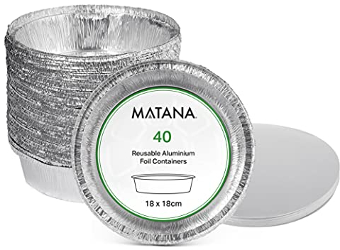 MATANA - 40 runde Einwegschalen aus Aluminium mit Deckel für kleine Mahlzeiten, Kuchen, Torten & Quiches – 18,5 cm/800 ml – robust und praktisch