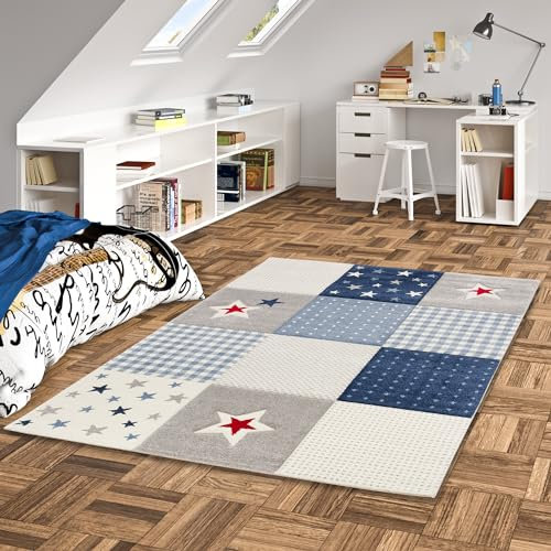 Pergamon Kinder Teppich Maui Kids Karo Blau Sterne in 5 Größen
