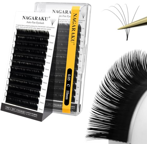 NAGARAKU Auto Fan Lash 2 Layers Volume Eyelash Extensions 0.05mm C Curl 10mm Length Lash Roots with Glue Anime/Mang Styles Easy Fan Eyelash