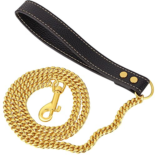 iDofas Goldfarbene Hundeleine, 18 Karat Gold, Edelstahl, kubanische Glieder-Hundeleine mit Ledergriff, für Hundehalsbandketten (1,2 m)
