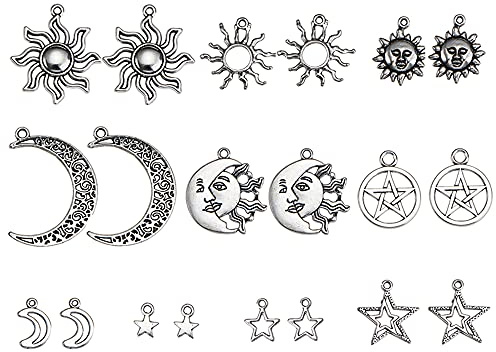 Airssory 50 Stück 10 Formen Vintage Stil Sonne Mond Stern himmlische Charms Mini Hohl Astronomie Anhänger für Halskette Armband Schmuck Basteln – 29 x 26 mm
