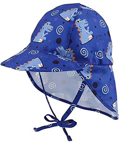 LACOFIA Baby Sonnenhut mit Bindebändern und Nackenschutz Kinder Strand Mützen Kleinkind Sommer Visier Cap Blau Dinosaurier 2-5 Jahre