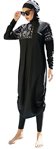 IMEKIS Damen Muslimisch Bademode 3tlg Kopftuch Bescheidener Badeanzug Islamischer Burkini Badeanzug Langarm Schwimmoberteil mit Hose Hijab Ganzkörper Schwimmanzug Schwarz 1 XL