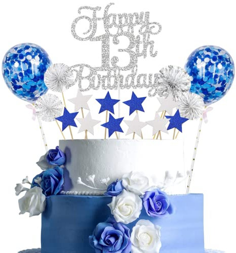 Tortendeko 13. Geburtstag Silber Blau Kuchen Topper - Happy 13 Birthday Kuchen Deko für Jungen und Mädchen