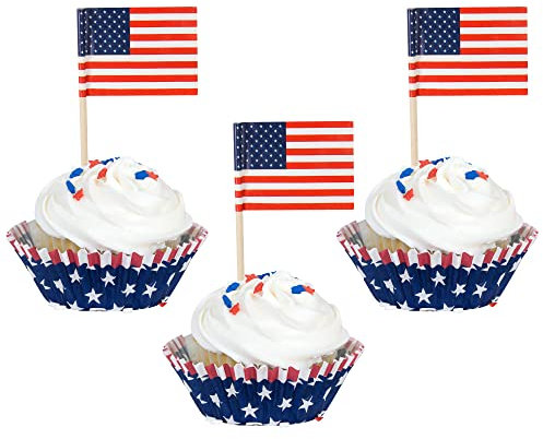 Gyufise Cupcake-Topper mit amerikanischen Flaggen, doppelseitig, US-amerikanische Zahnstocher, kleine USA-Flaggen, Cupcake-Pick-Sticks für Armee-Abschlussfeier, Partyzubehör, 100 Stück