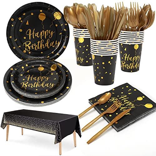 141 Stück Partygeschirr Kindergeburtstag,Schwarzesgold Pappteller Kindergeburtstag Mädchen Junge Party Set,Pappteller,Pappbecher,Gabel,Löffel,Servietten(20 Gäste)