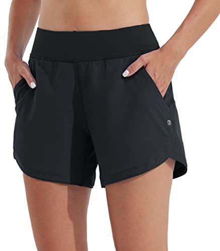 Willit Damen 5 Badeshorts Boardshorts UPF50+ Badehose High Waisted Schwimmshorts Badehose Schnell Trocknende UVA Schutz mit Liner Taschen Schwarz Größe 44