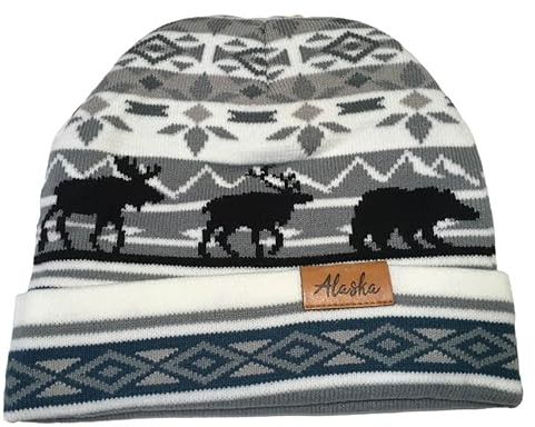 Alaska Beanie Strickmütze Jaquard Tiere Elch Karibou Bär schwarz, Schwarz, Einheitsgr��e