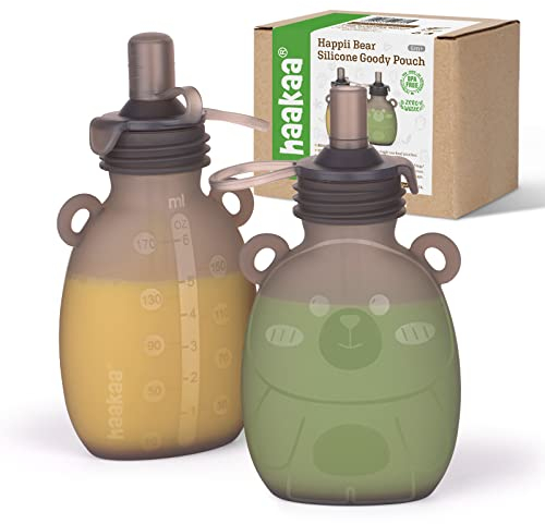 haakaa Happii Bear Lot de 2 pochettes à friandises réutilisables en silicone pour pures, jus, smoothies et yaourts biologiques faits maison, parfaites pour les tout-petits et les enfants, 170 g