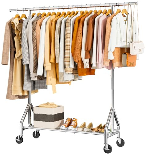 HYSEYY Heavy Duty Clothes Rack Load 450 LBS, Metal Garment Rack, Standing Rolling Clothing Rack for Hanging Clothes with Sturdy Wheels & Shelves, Portable Closet Wardrobe Rack,Sliver