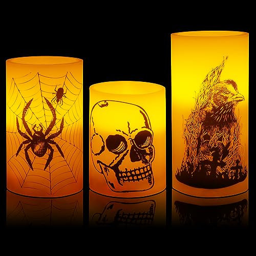 Hysagtek 3 Stück flammenlose Halloween-Kerzen, batteriebetriebene LED-Stumpenkerzen, Horror-Gruselkerzen für Halloween, Festival, Zuhause, Party-Dekoration (Batterie nicht im Lieferumfang enthalten)