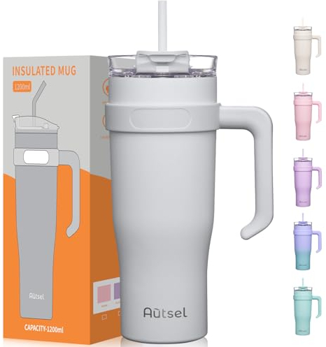 Autsel 40oz Trinkbecher mit Deckel und Strohhalm,1200ml Thermobecher mit Strohhalm und Henkel, Doppelwandiger Edelstahl Vakuum Isolierbeche Kaffeebecher to Go, Tragbare Auto Becher