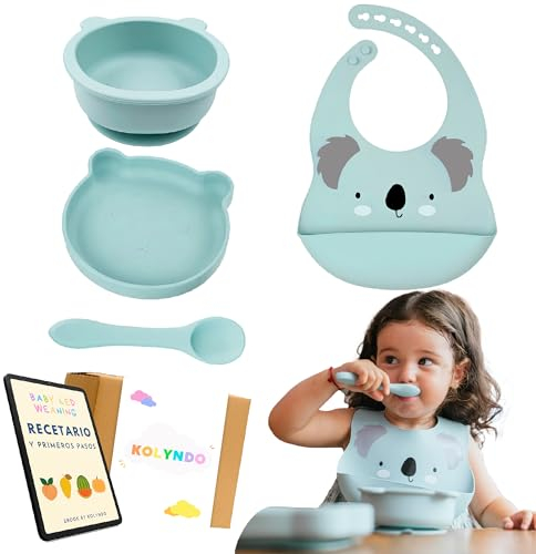 Vajilla de Silicona para Bebé con Ventosa - Set Aprendizaje Comida BLW, No Huele - Cuenco y Plato Ventosa Infantil, Babero y Cuchara Iniciación (Azul Grisáceo)