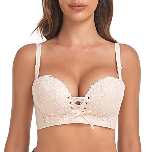 FallSweet Add Two Cups Lace Push Up Bra Wireless Support Brassiere | Ultra Padded, Front Lacing Up Design, Floral Lace Fabric, 3 Hooks and Eyes Back Closure, Adjustable Straps