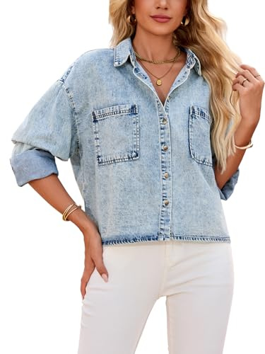 Women's Cropped Denim Shirt Long Sleeve Button Down Jean Blouse with Pockets, Comfort Fit Casual Vintage Top Blue