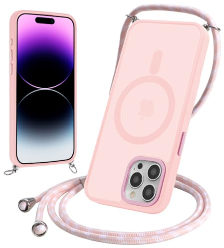 Yoedge Magnetica Cover per iPhone 15 Pro 6,1 con Cordino, Compatibile con MagSafe, Custodia Traslucida Opaca Hard PC Sottile TPU Antiurto Protettiva Case con Tracolla Laccio Corda Collana, Rosa