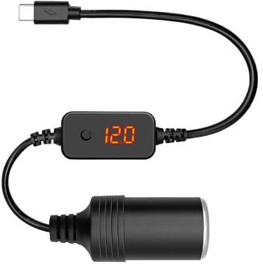Giantdeer USB Type C auf Zigarettenanzünder Buchse mit LED Anzeige, USB C auf Auto Zigarettenanzünde Kabel mit Schalter Taste, um die Spannung 5V/9V/12V für Auto GPS, Auto Recorder (30CM)