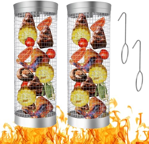 2 Piezas Cesta de Parrilla Rodante, Cesta de Parrilla para Barbacoa Cilíndrica, Rolling Grilling Basket, Cesta Rodante para Asar, para Asar Verduras, Pescado, Carne, Barbacoa, Patatas - 20cm