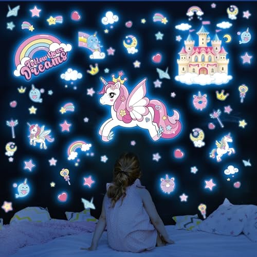 Leuchtsterne Kinderzimmer Selbstklebend Einhorn Wandtattoo, Einhorn Leuchtsterne Wandsticker Mädchen, Sternenhimmel Leuchtaufkleber Aufkleber für Mädchen Babyzimmer Deko