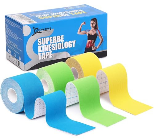 SUPERBE Kinesio-Tape und Physio-Tape (Packung mit 3 Rollen), kinesiologisches Tape für Leichtathletik, zur Schmerzlinderung, Genesung und Physiotherapie, 5 cm x 5 m (Blau, Grün, Gelb)